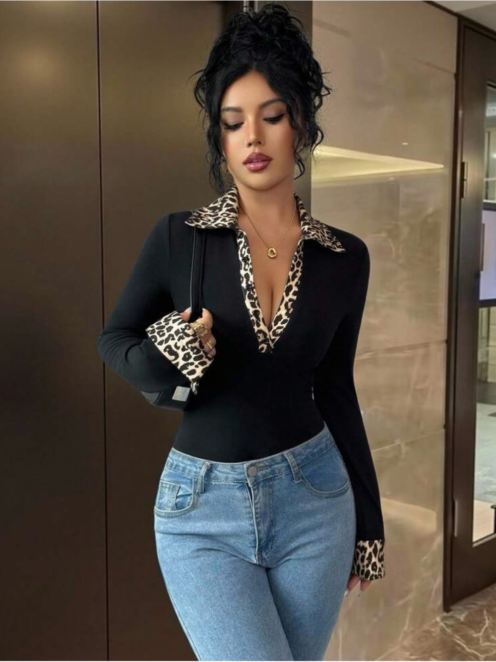 Black Long-Sleeve Bodysuit with Leopard Trim